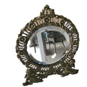 Vintage Mirror Cupids Angels  Round Cast Iron Frame Easel Back Brass Finish